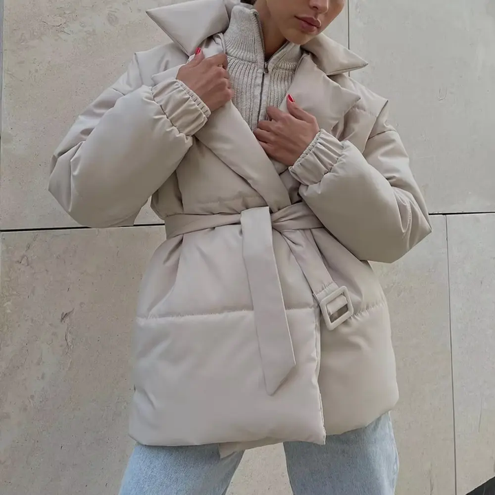 Gunnvor | Women's Belted Puffer Winter Jacket | Wide Lapel Wrap