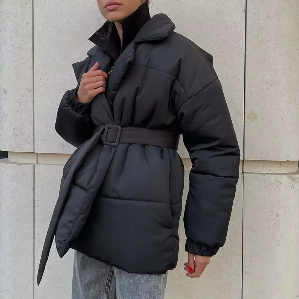 Gunnvor | Women's Belted Puffer Winter Jacket | Wide Lapel Wrap