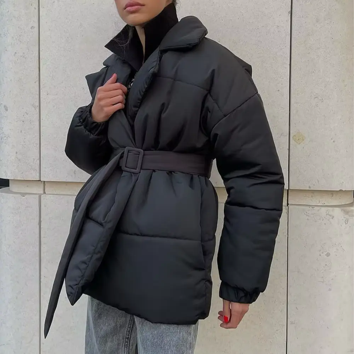 Gunnvor | Women's Belted Puffer Winter Jacket | Wide Lapel Wrap