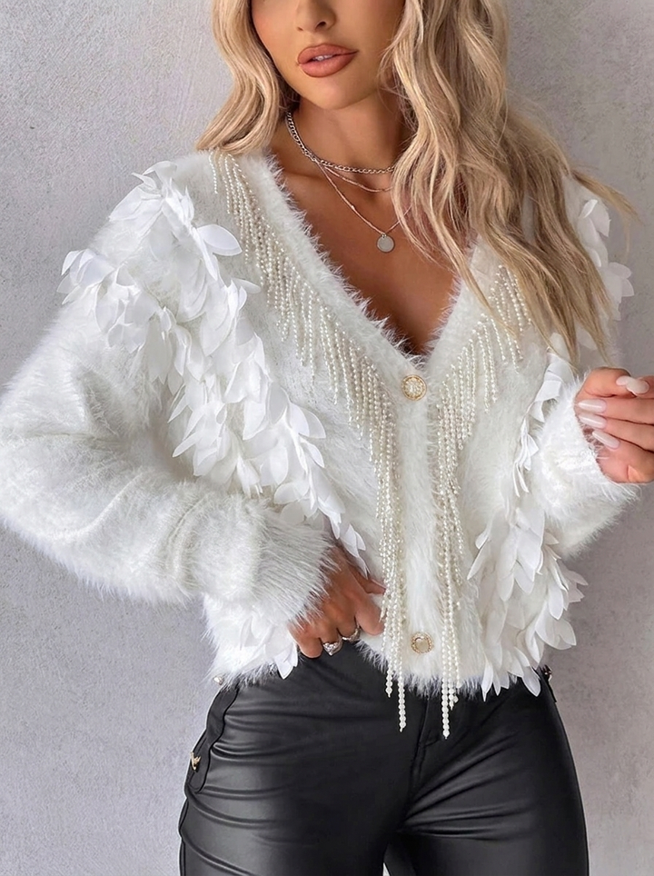 Maimouna | Women's Oversized Fluffy Cardigan | Floral Petal Sleeve V-Neck