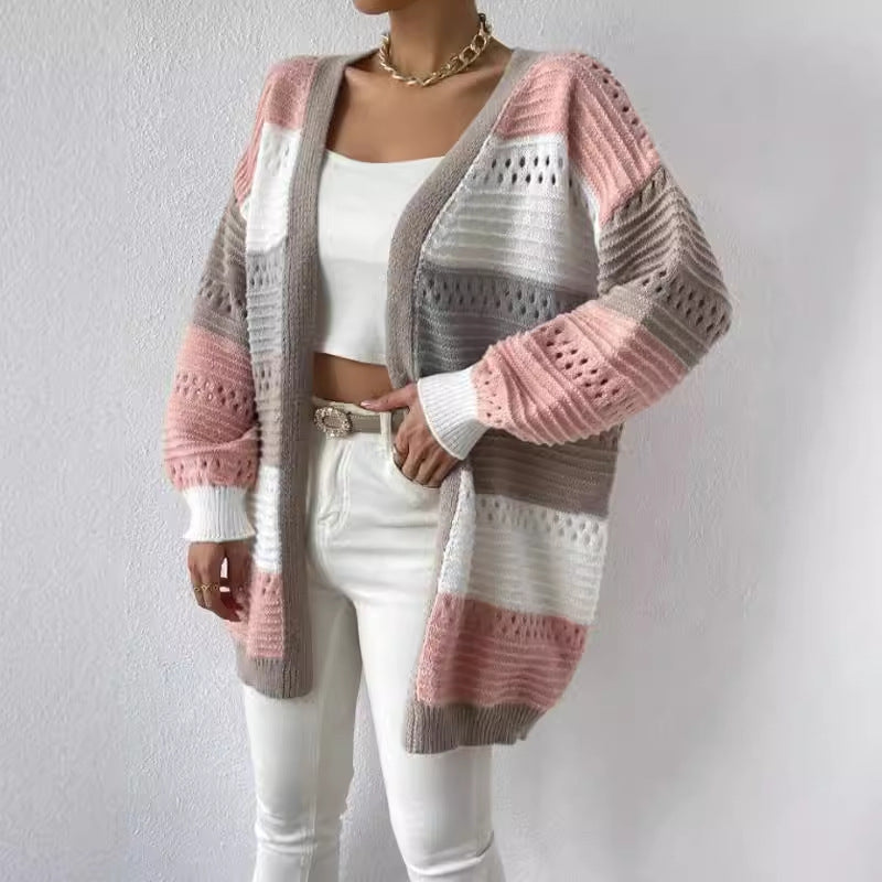 Bintou | Women's Long Knit Cardigan | Colour Block Open Front