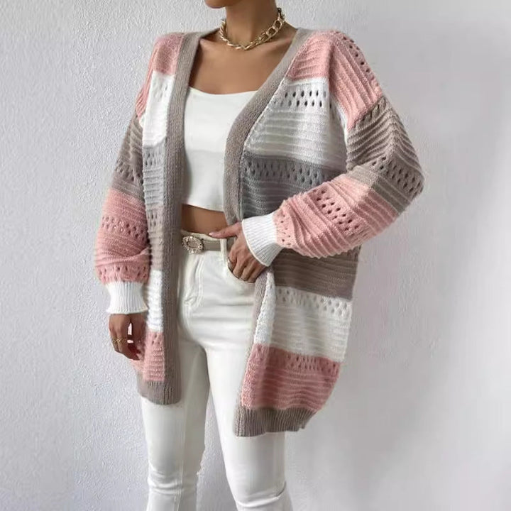 Bintou | Women's Long Knit Cardigan | Colour Block Open Front