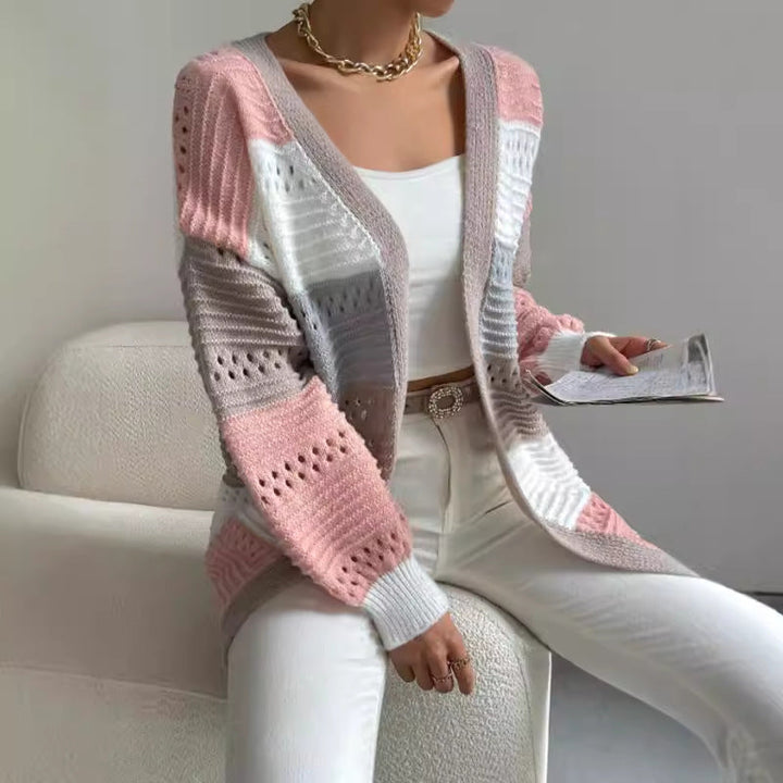 Bintou | Women's Long Knit Cardigan | Colour Block Open Front