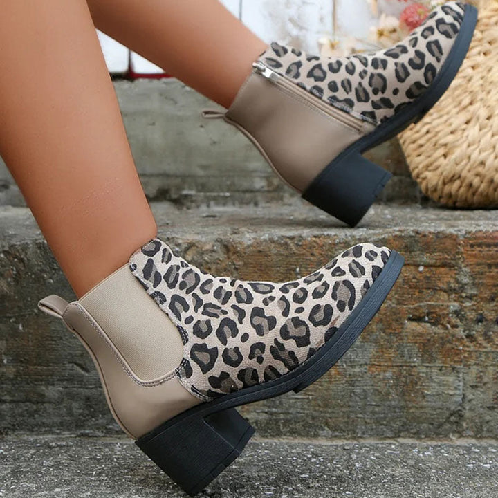 Maya | Women's Chelsea Boots | Leopard Print Block Heel Side Zip