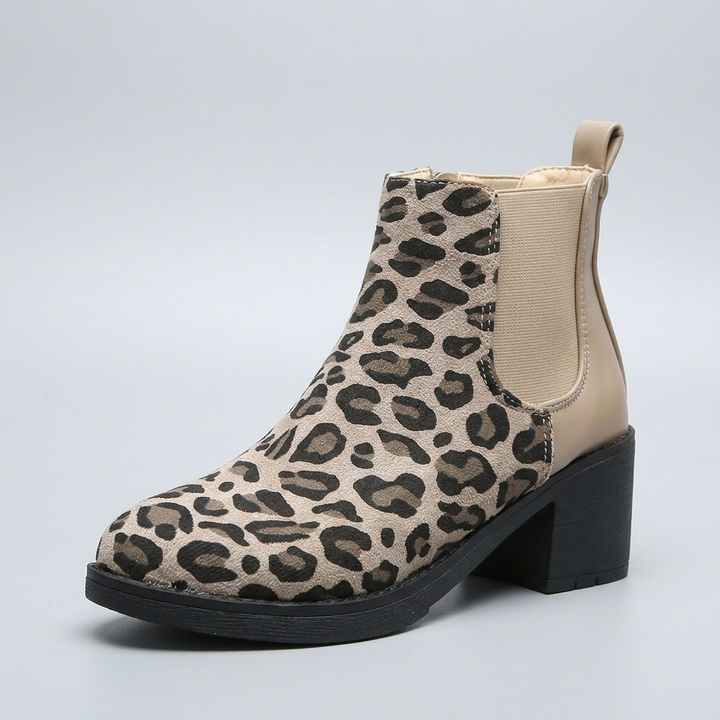 Maya | Women's Chelsea Boots | Leopard Print Block Heel Side Zip