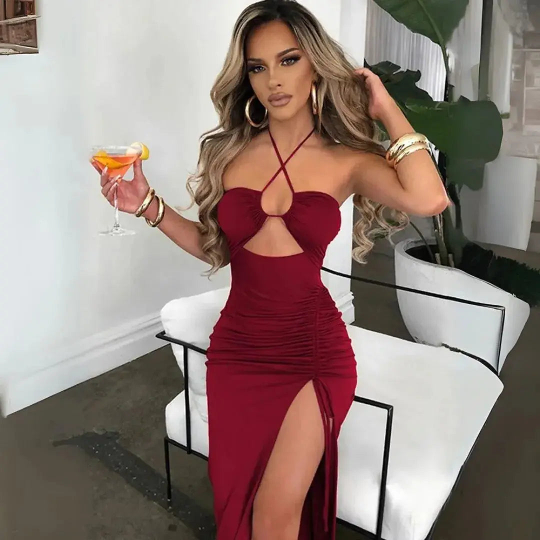 Women's Cocktail Dress with Halter Neck & Cutout | Maxi