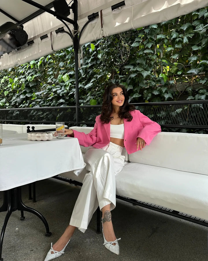 Megara | Women's Cropped Blazer | Notched Lapel Welt Pocket Open