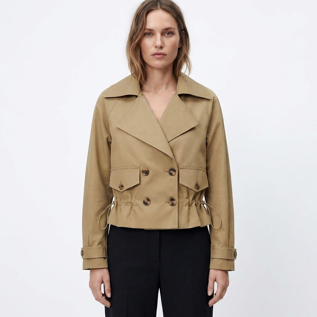 Madhuri | Women's Cropped Trench Coat | Drawstring Waist Double-Breasted