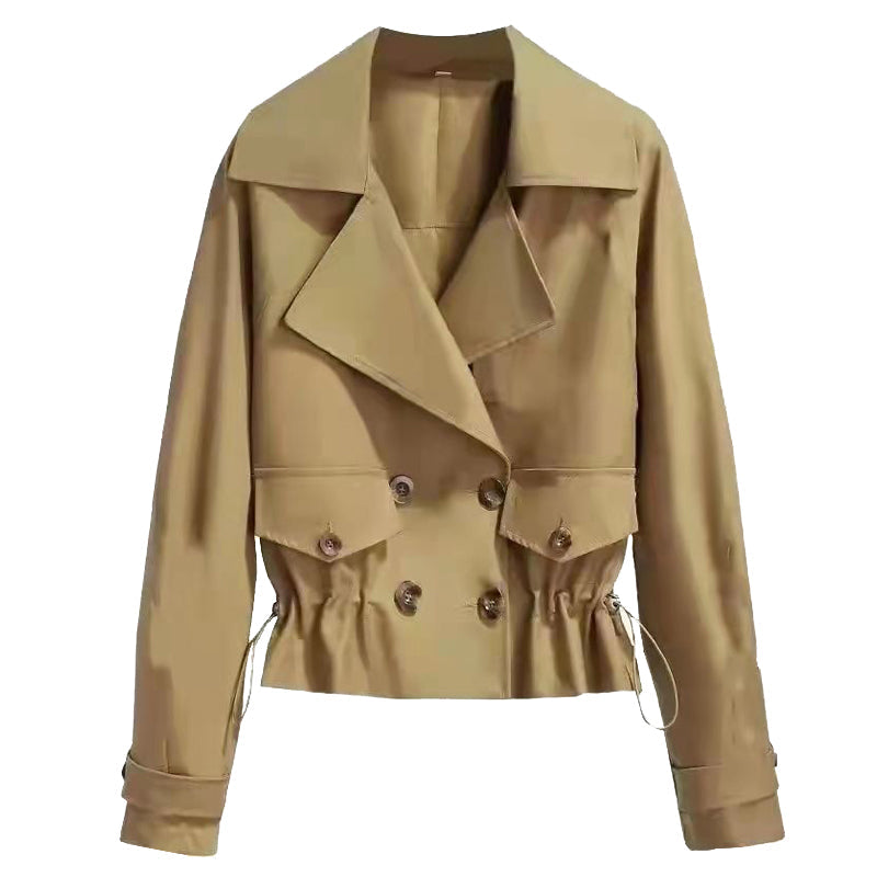 Madhuri | Women's Cropped Trench Coat | Drawstring Waist Double-Breasted