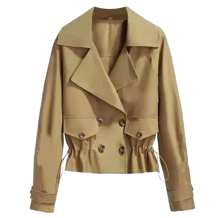 Madhuri | Women's Cropped Trench Coat | Drawstring Waist Double-Breasted