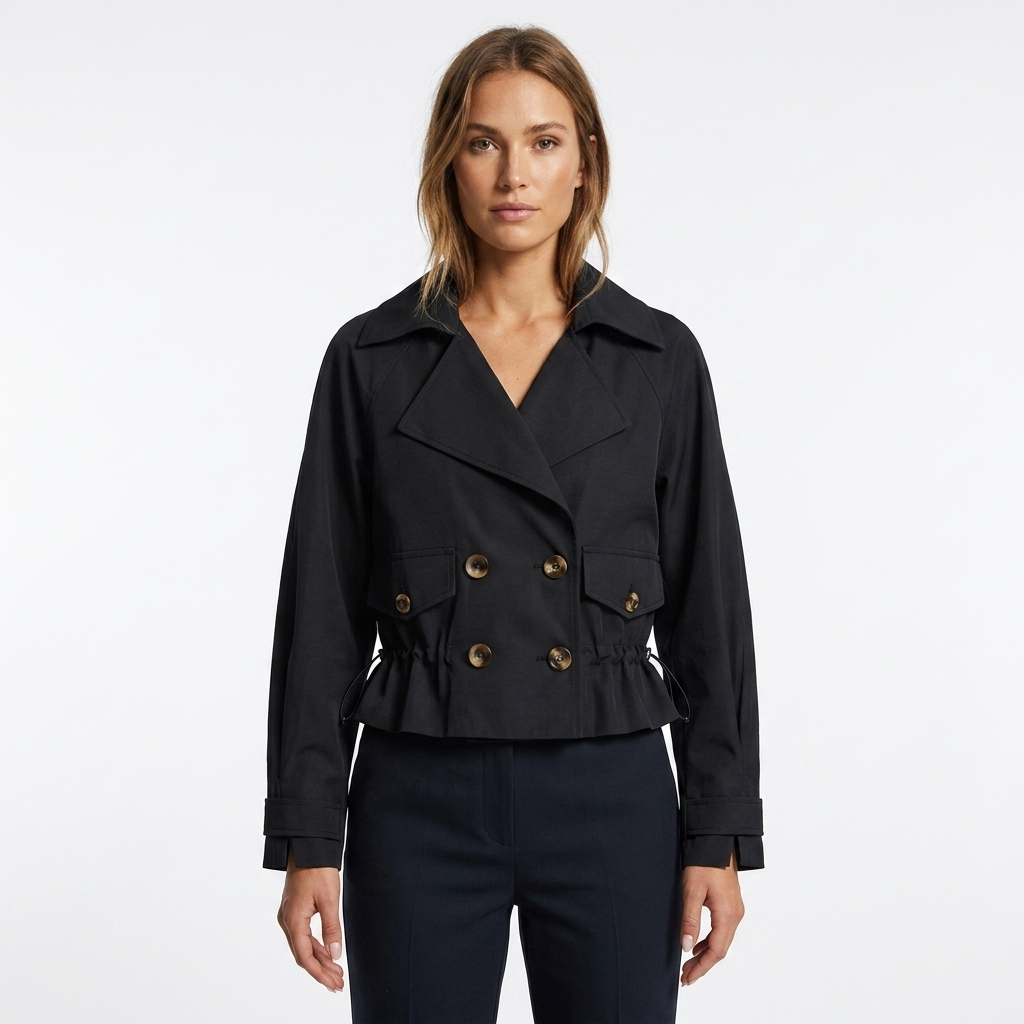 Madhuri | Women's Cropped Trench Coat | Drawstring Waist Double-Breasted