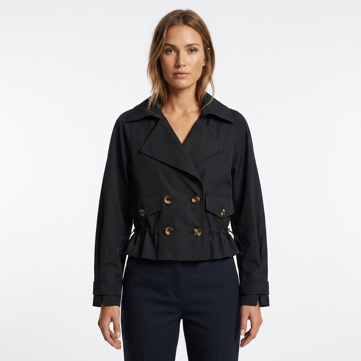 Madhuri | Women's Cropped Trench Coat | Drawstring Waist Double-Breasted