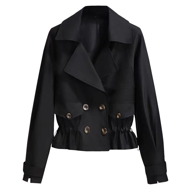Madhuri | Women's Cropped Trench Coat | Drawstring Waist Double-Breasted