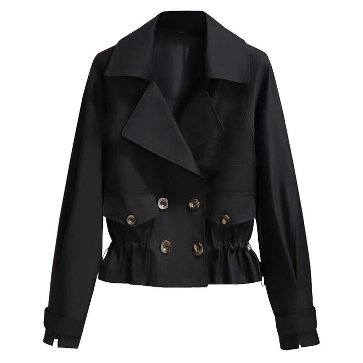 Madhuri | Women's Cropped Trench Coat | Drawstring Waist Double-Breasted