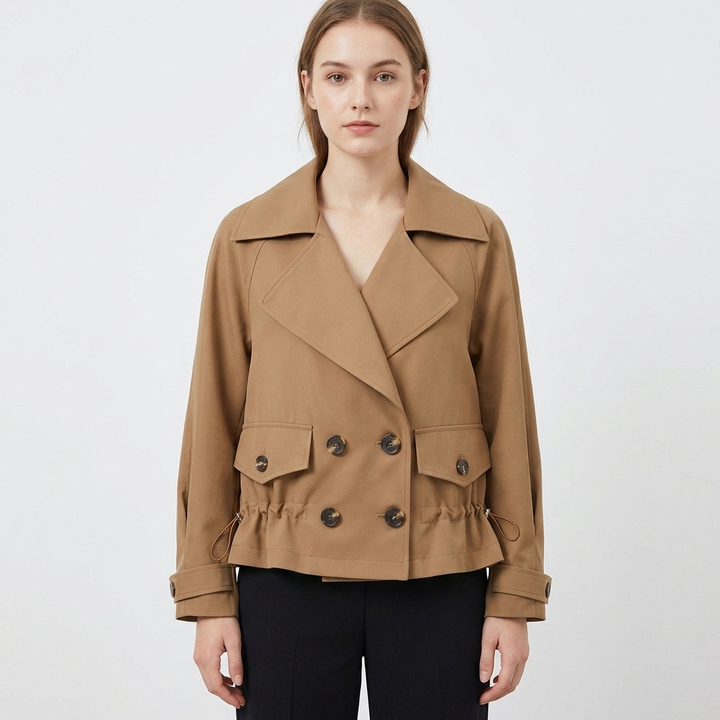 Madhuri | Women's Cropped Trench Coat | Drawstring Waist Double-Breasted