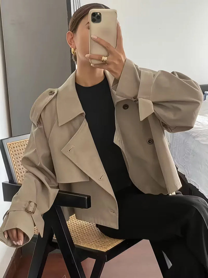 Harini | Women's Cropped Trench Coat | Lapel Double-Breasted Oversized