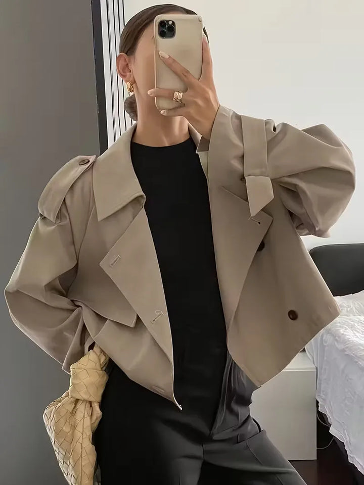 Harini | Women's Cropped Trench Coat | Lapel Double-Breasted Oversized