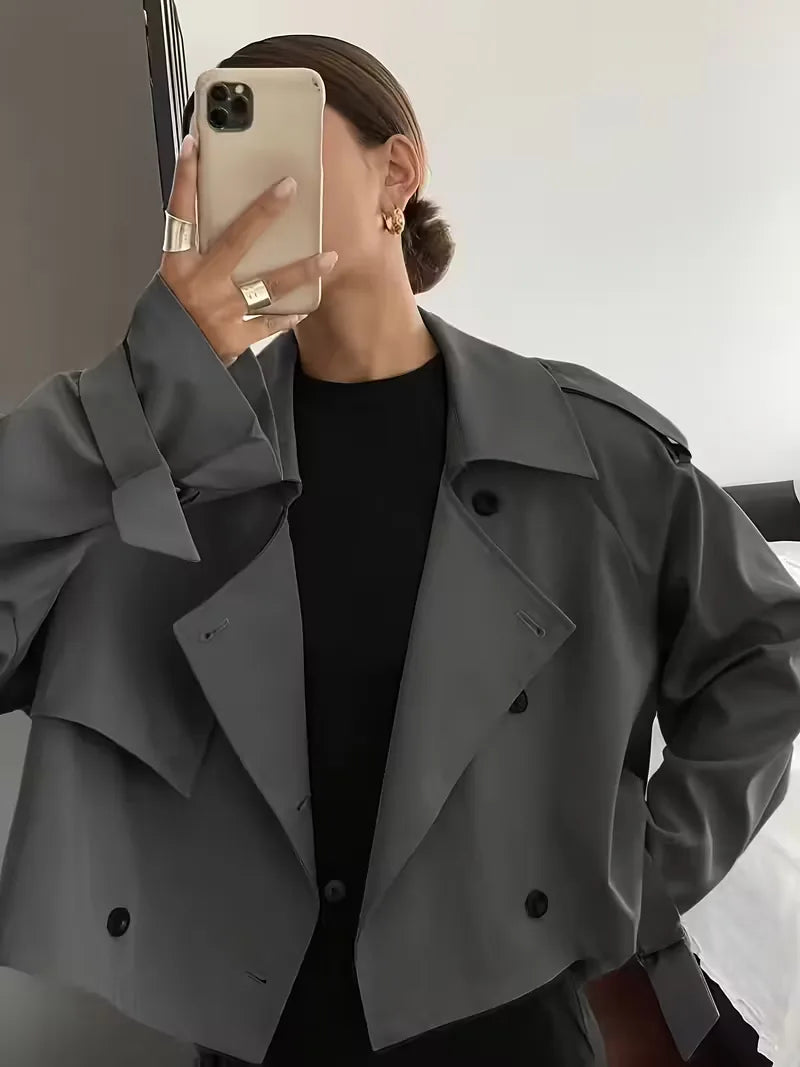 Harini | Women's Cropped Trench Coat | Lapel Double-Breasted Oversized