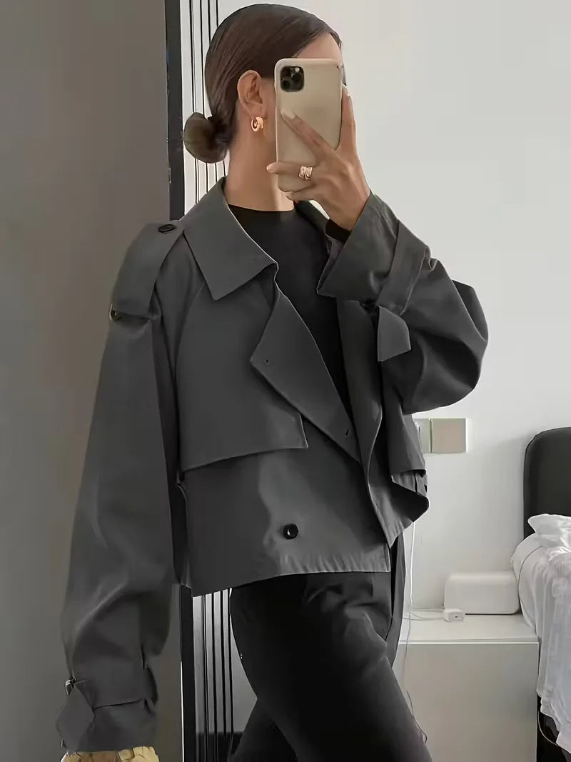 Harini | Women's Cropped Trench Coat | Lapel Double-Breasted Oversized