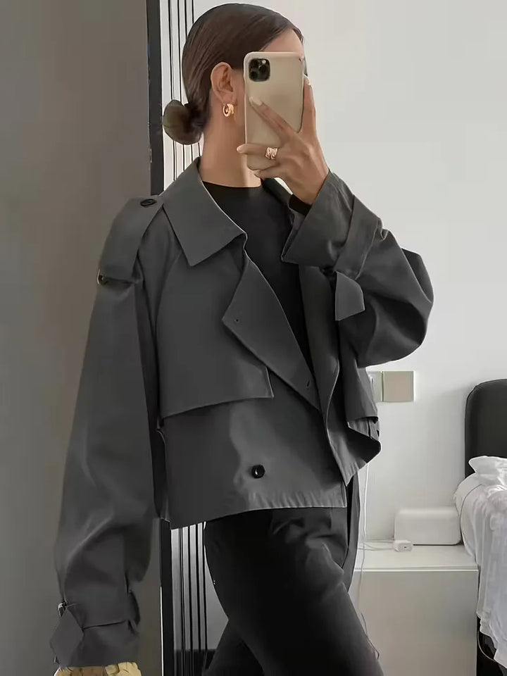 Harini | Women's Cropped Trench Coat | Lapel Double-Breasted Oversized