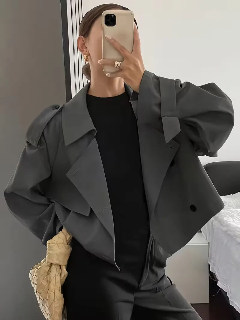 Harini | Women's Cropped Trench Coat | Lapel Double-Breasted Oversized