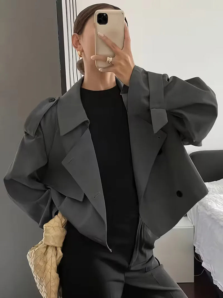 Harini | Women's Cropped Trench Coat | Lapel Double-Breasted Oversized