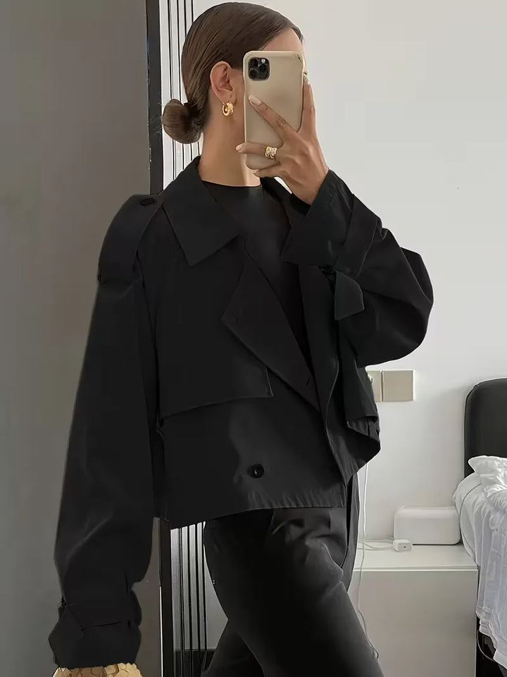 Harini | Women's Cropped Trench Coat | Lapel Double-Breasted Oversized