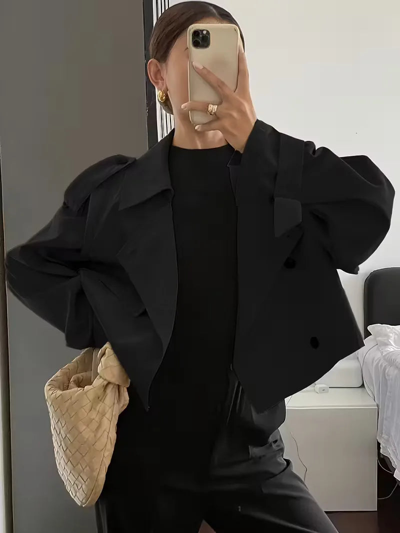 Harini | Women's Cropped Trench Coat | Lapel Double-Breasted Oversized