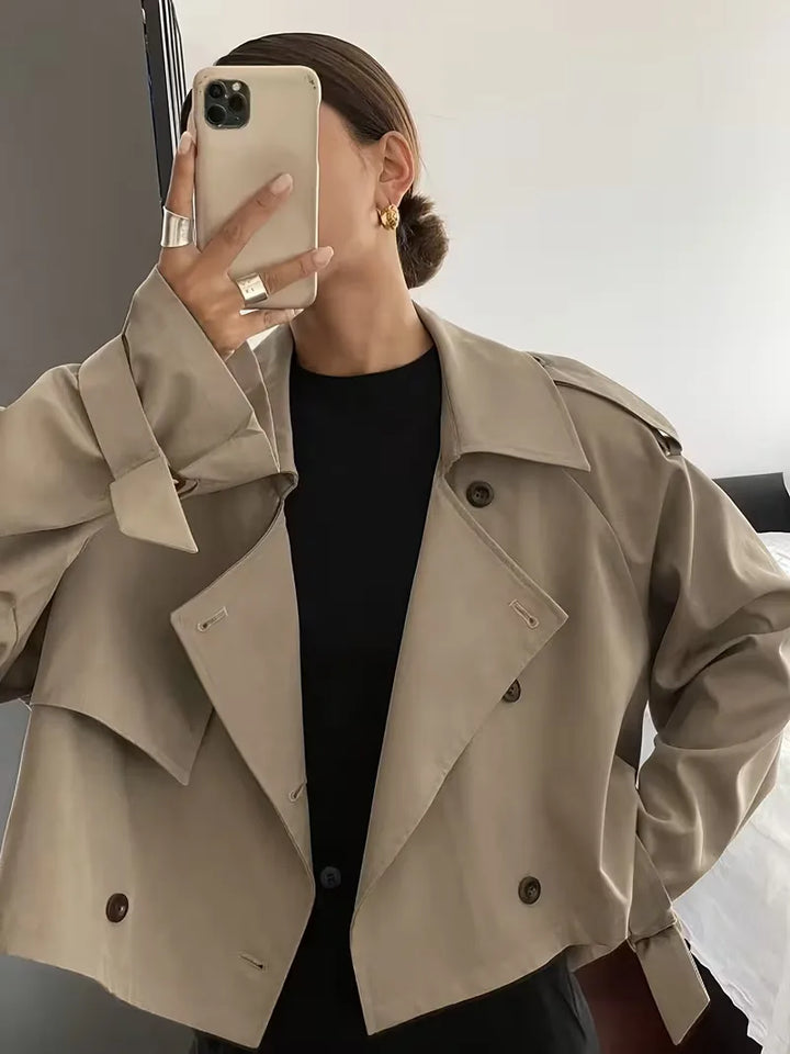 Harini | Women's Cropped Trench Coat | Lapel Double-Breasted Oversized