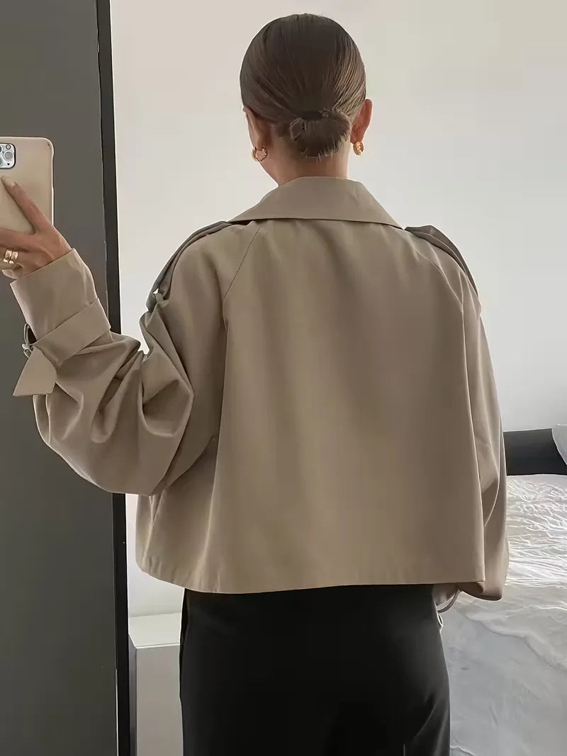 Harini | Women's Cropped Trench Coat | Lapel Double-Breasted Oversized