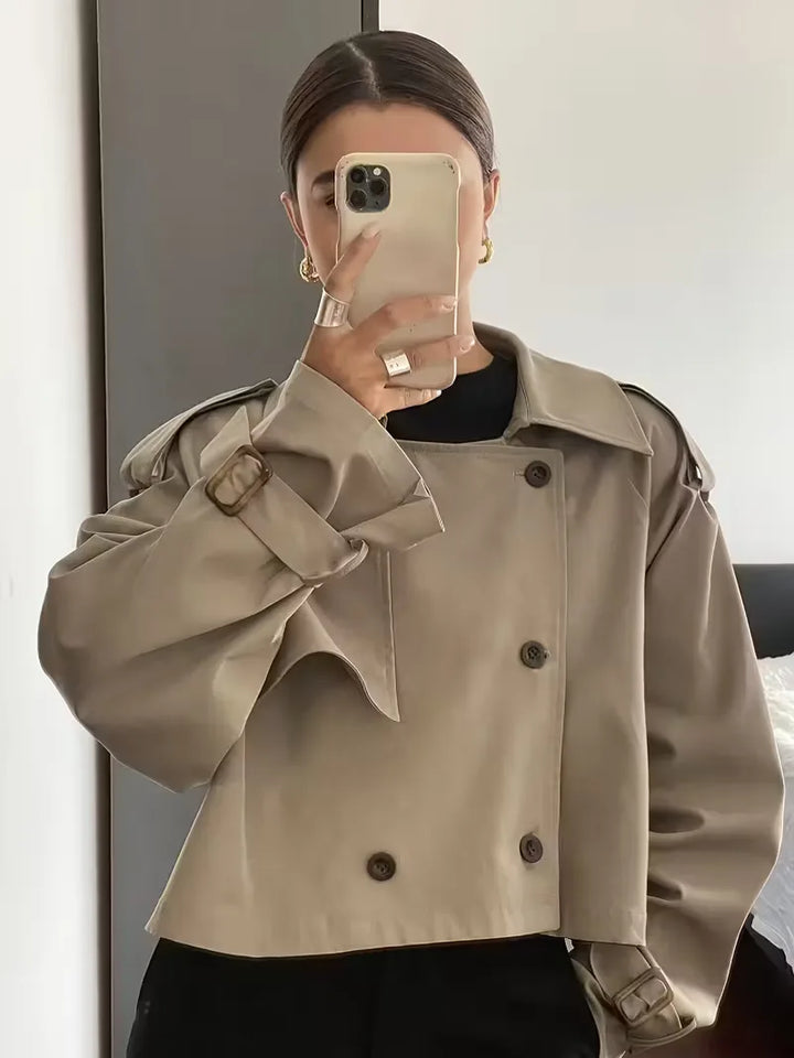 Harini | Women's Cropped Trench Coat | Lapel Double-Breasted Oversized