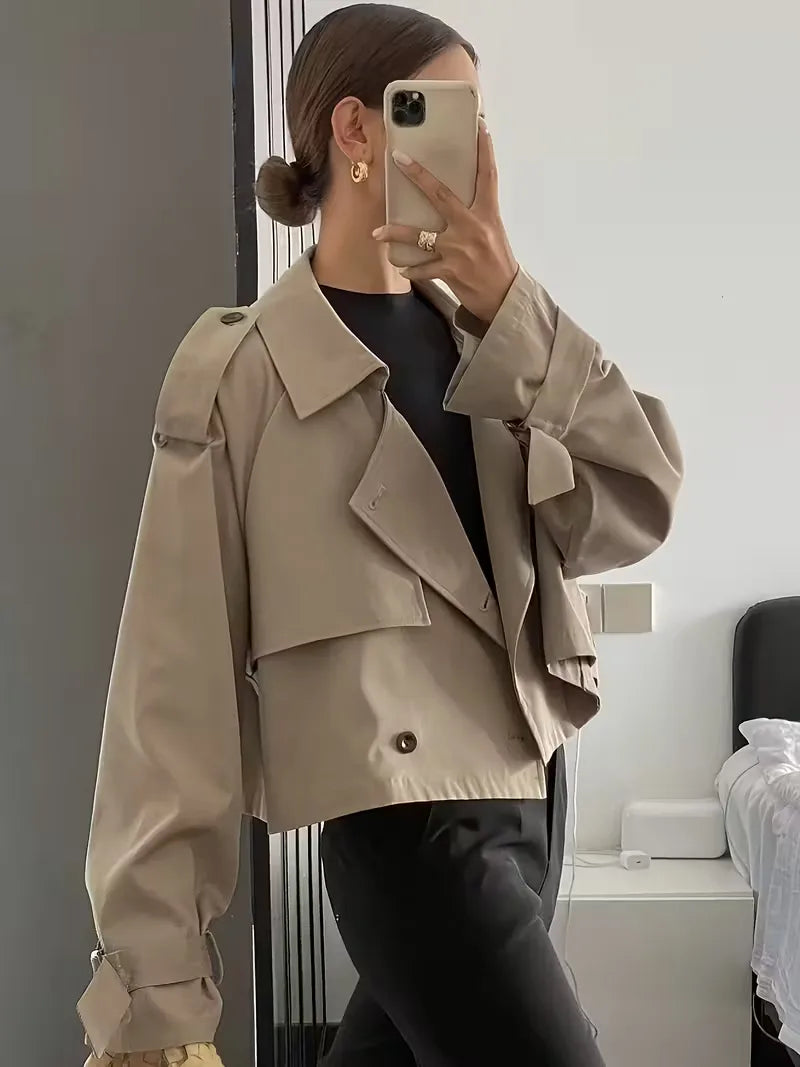 Harini | Women's Cropped Trench Coat | Lapel Double-Breasted Oversized
