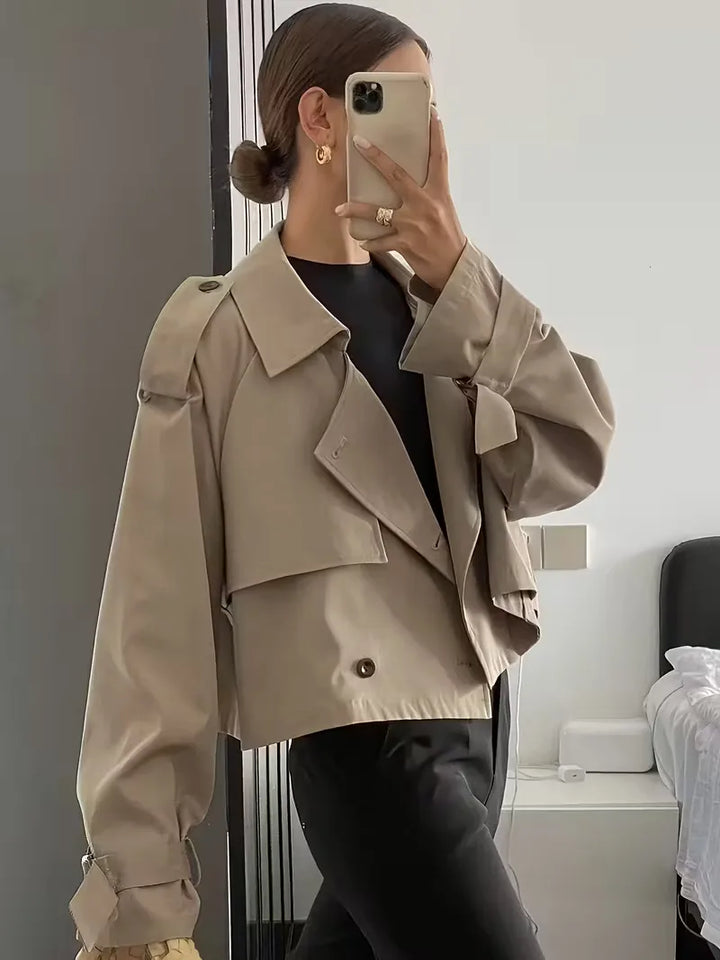 Harini | Women's Cropped Trench Coat | Lapel Double-Breasted Oversized