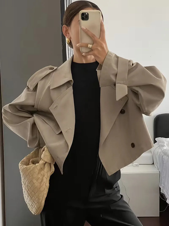 Harini | Women's Cropped Trench Coat | Lapel Double-Breasted Oversized