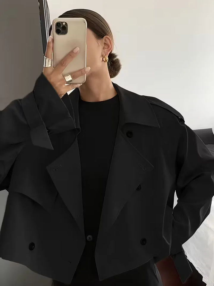 Harini | Women's Cropped Trench Coat | Lapel Double-Breasted Oversized