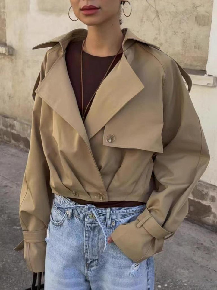 Stanislawa | Women's Cropped Trench Jacket | Oversized Lapel Belt Cuffs