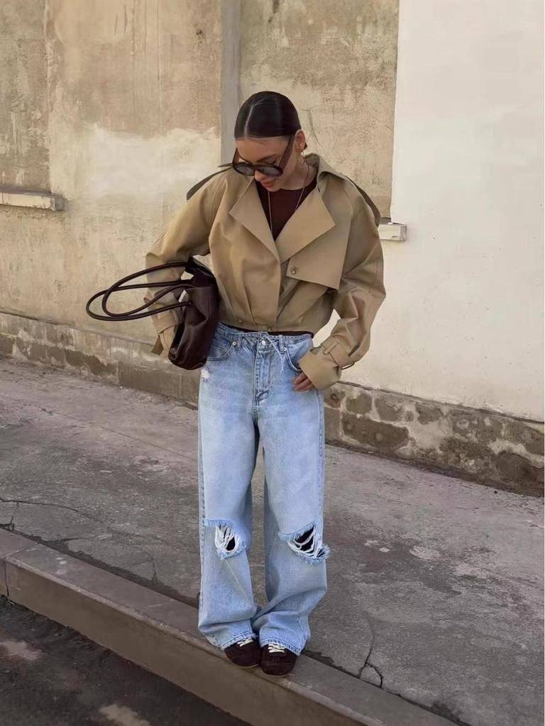 Stanislawa | Women's Cropped Trench Jacket | Oversized Lapel Belt Cuffs