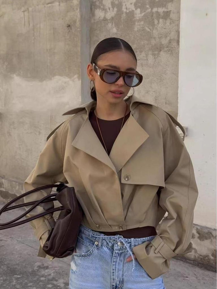 Stanislawa | Women's Cropped Trench Jacket | Oversized Lapel Belt Cuffs