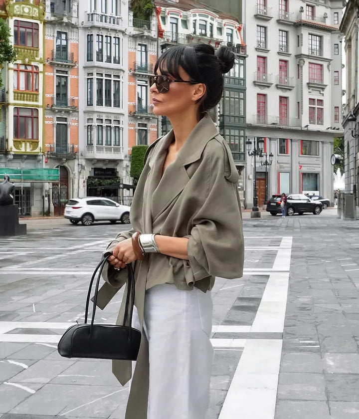 Ishita | Women's Cropped Trench Coat | Tie Belt Notched Lapel Casual