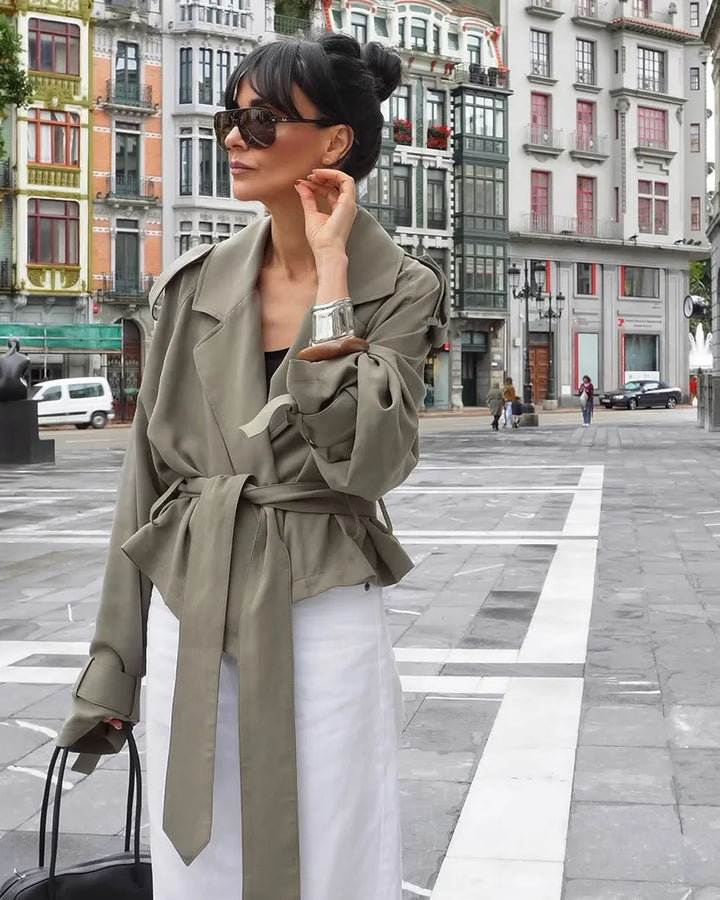 Ishita | Women's Cropped Trench Coat | Tie Belt Notched Lapel Casual