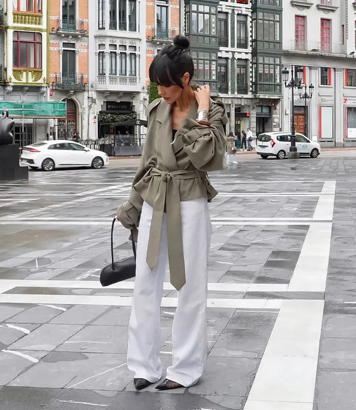 Ishita | Women's Cropped Trench Coat | Tie Belt Notched Lapel Casual