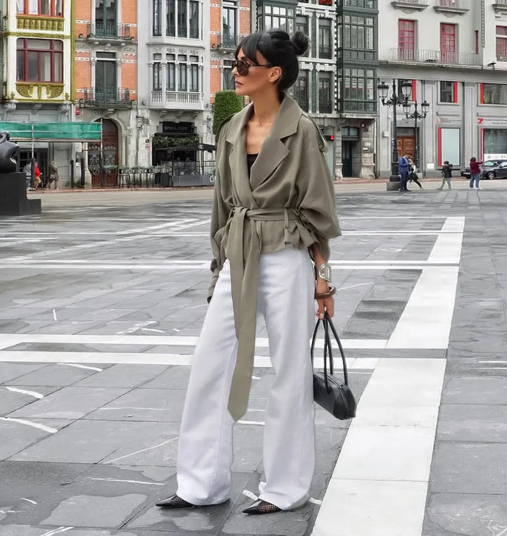 Ishita | Women's Cropped Trench Coat | Tie Belt Notched Lapel Casual