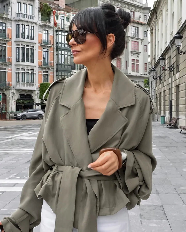 Ishita | Women's Cropped Trench Coat | Tie Belt Notched Lapel Casual