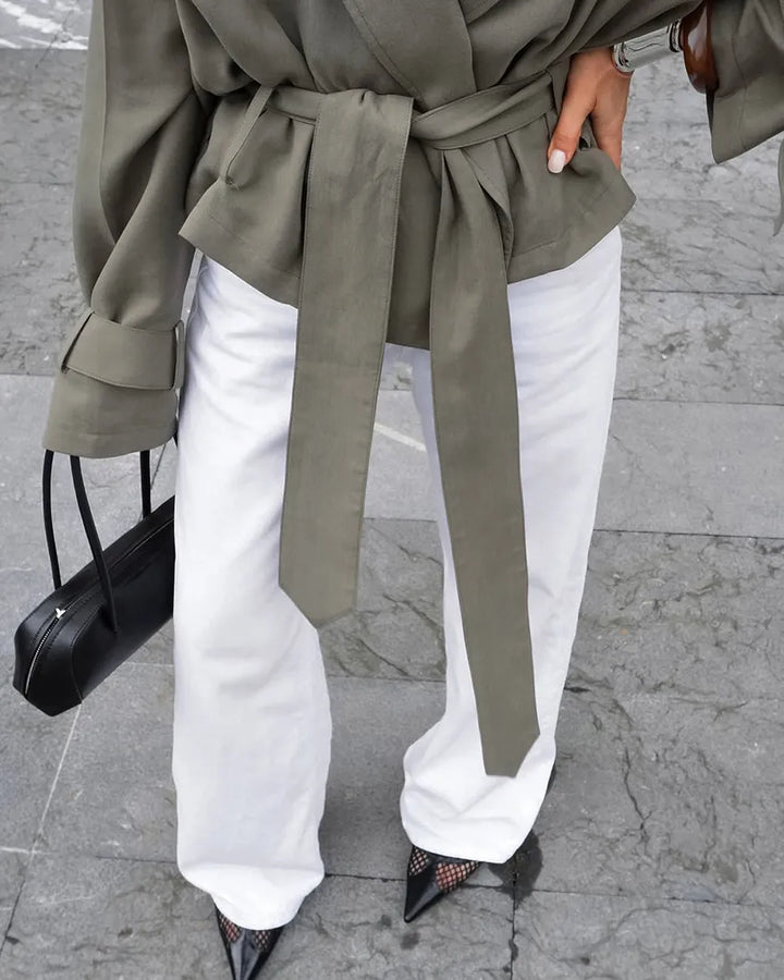 Ishita | Women's Cropped Trench Coat | Tie Belt Notched Lapel Casual