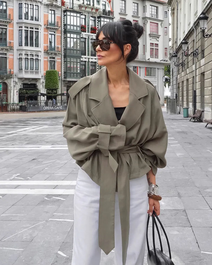 Ishita | Women's Cropped Trench Coat | Tie Belt Notched Lapel Casual