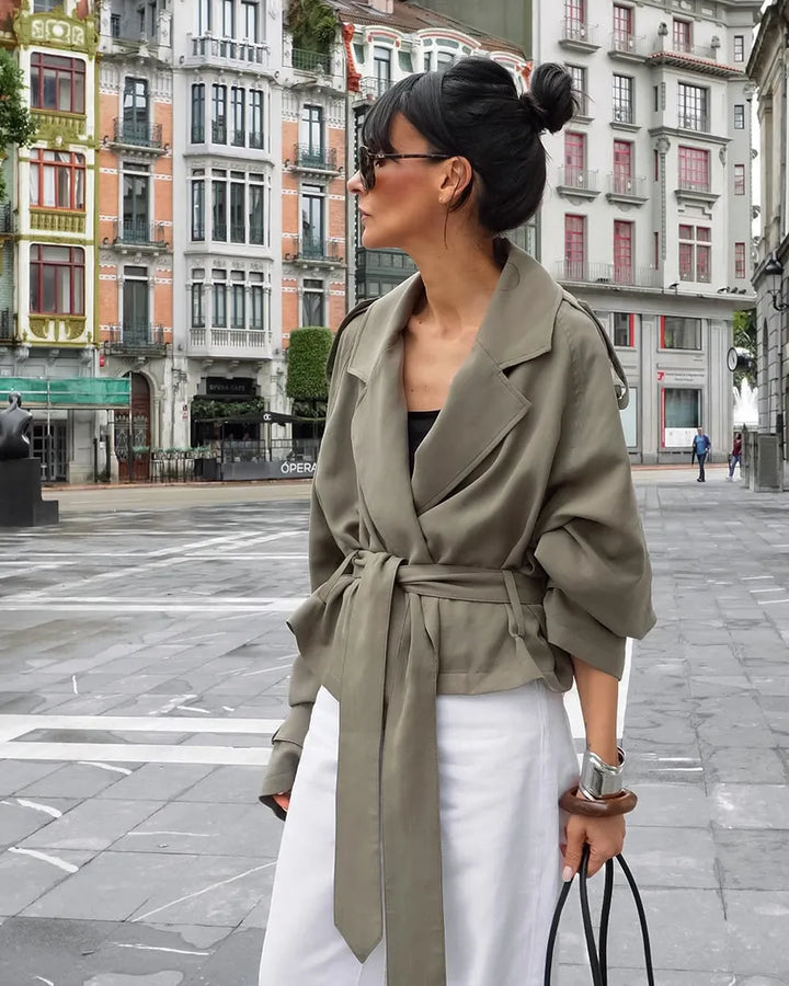 Ishita | Women's Cropped Trench Coat | Tie Belt Notched Lapel Casual