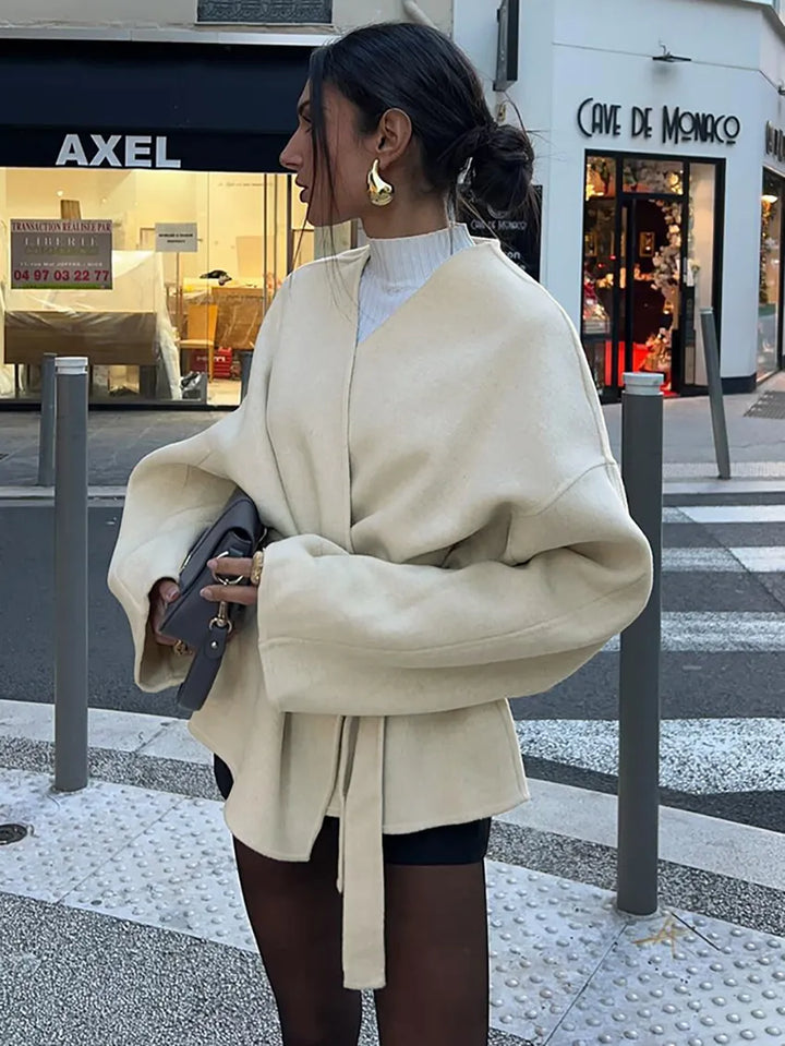 Latika | Women's Cropped Trench Coat | Tie Belt V Neckline Wrap Style