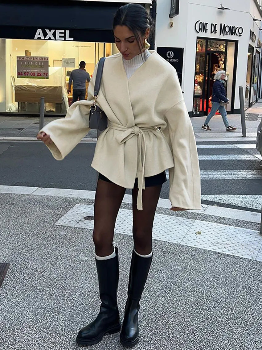 Latika | Women's Cropped Trench Coat | Tie Belt V Neckline Wrap Style