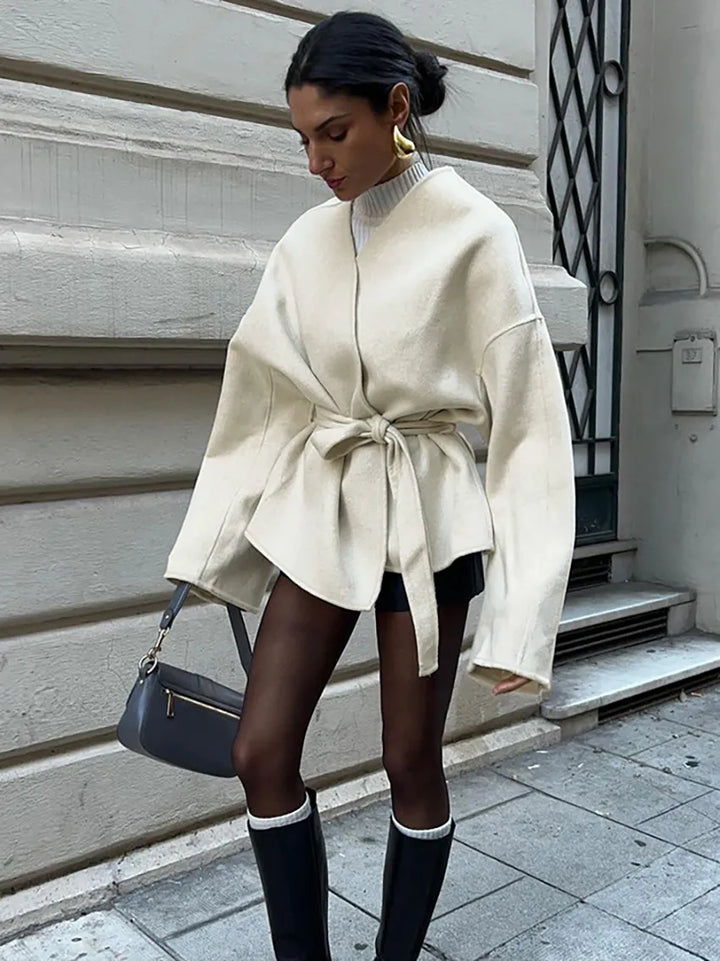 Latika | Women's Cropped Trench Coat | Tie Belt V Neckline Wrap Style