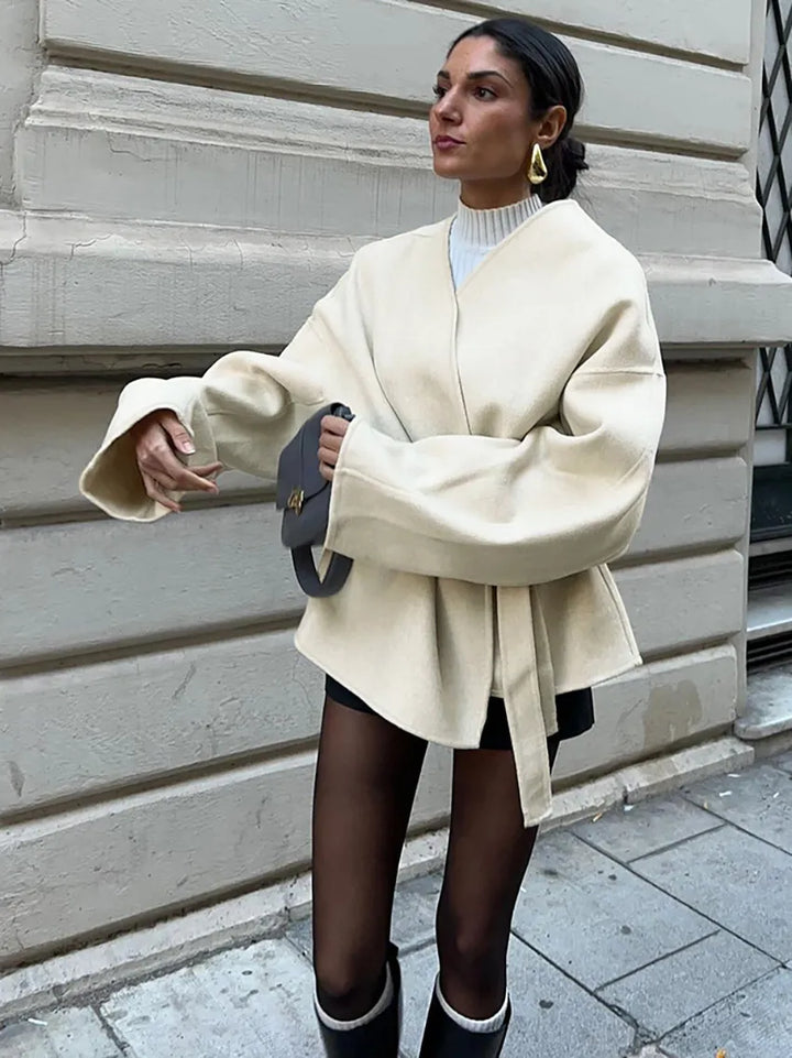 Latika | Women's Cropped Trench Coat | Tie Belt V Neckline Wrap Style